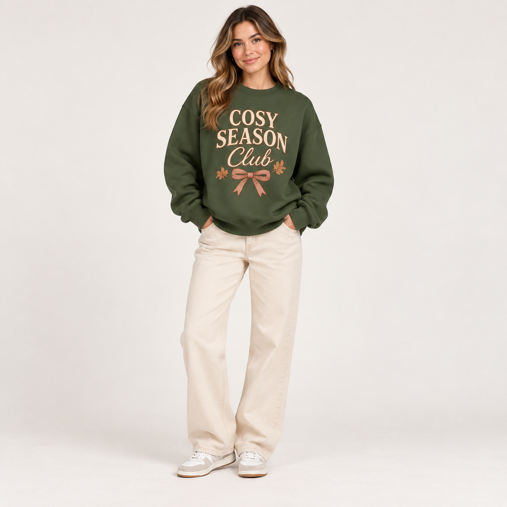SHINESOULE Cosy Season Club Graphic Sweatshirt - Olive Green
