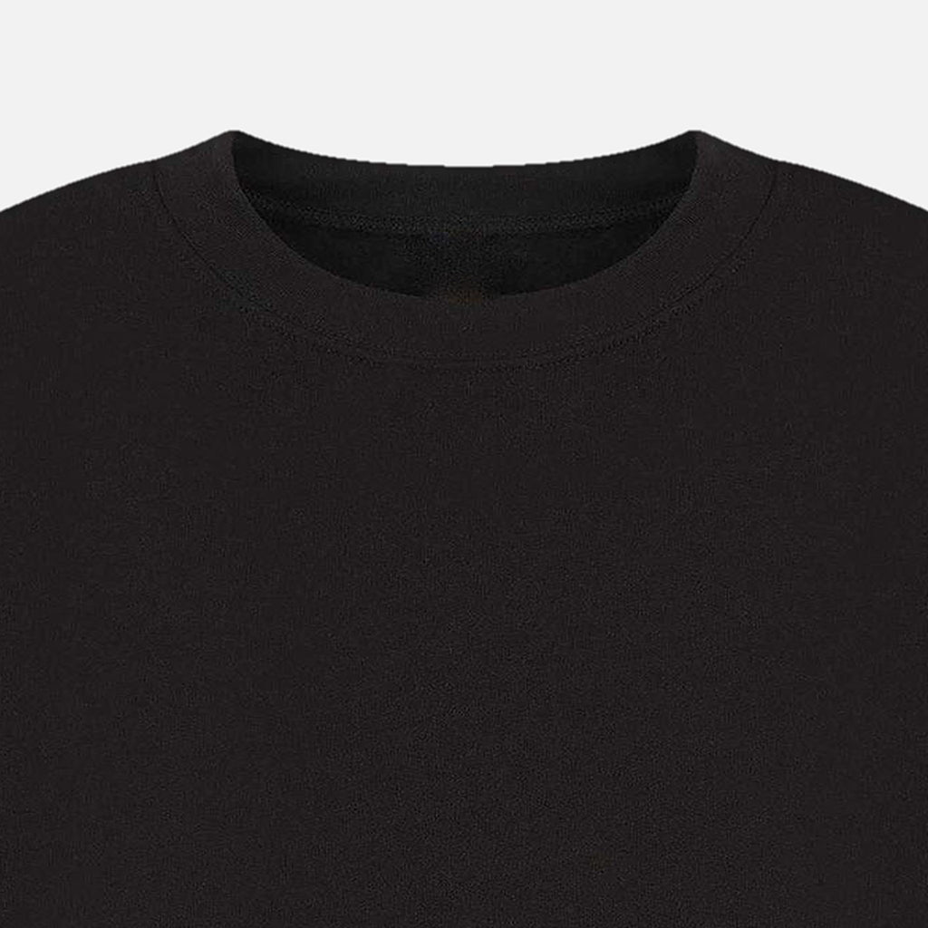 Close-up of the ribbed neckline on the black Strike A Light Graphic Crewneck Sweatshirt