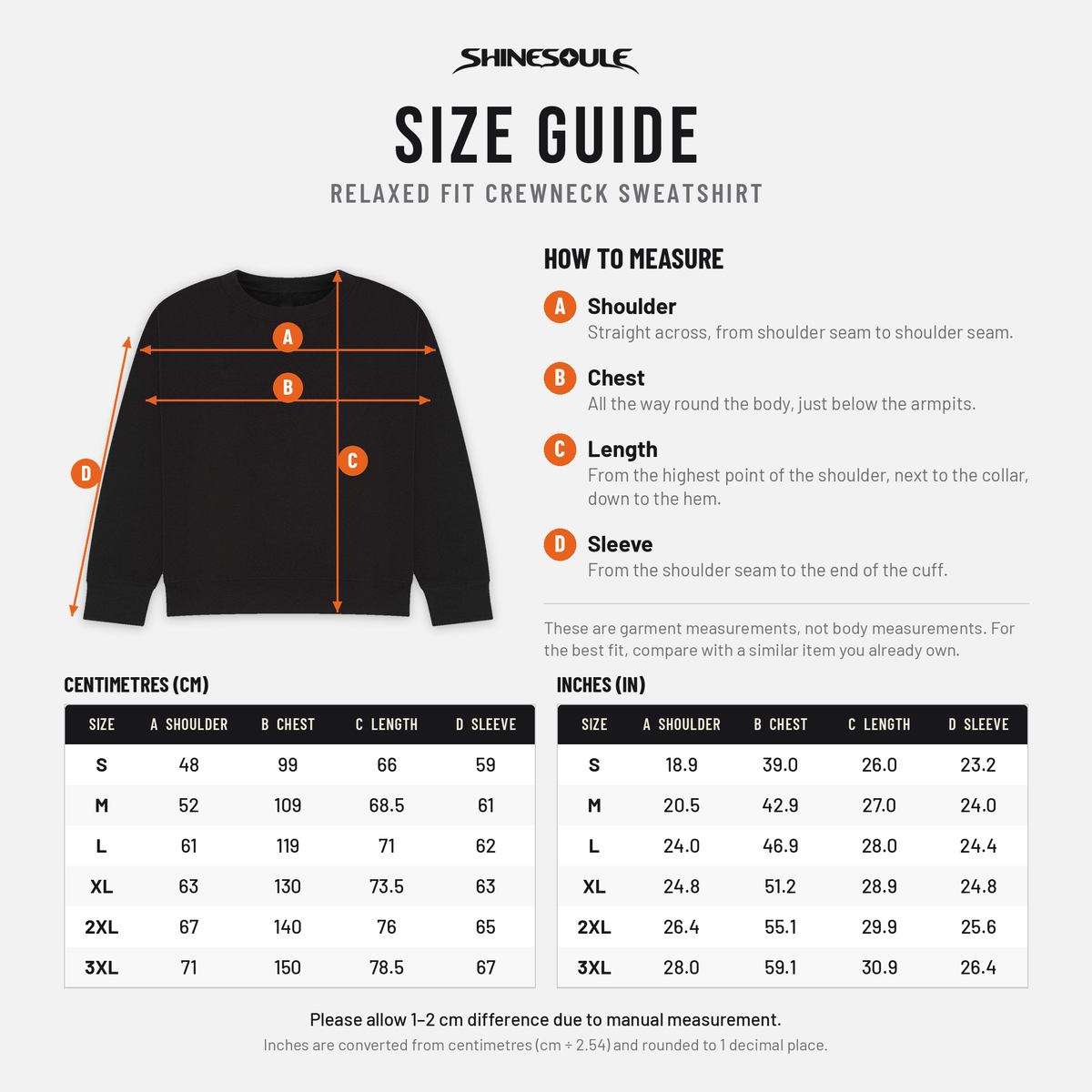 Size chart for the SHINESOULE crewneck sweatshirt, sizes S to 3XL, with measurements in centimetres and inches