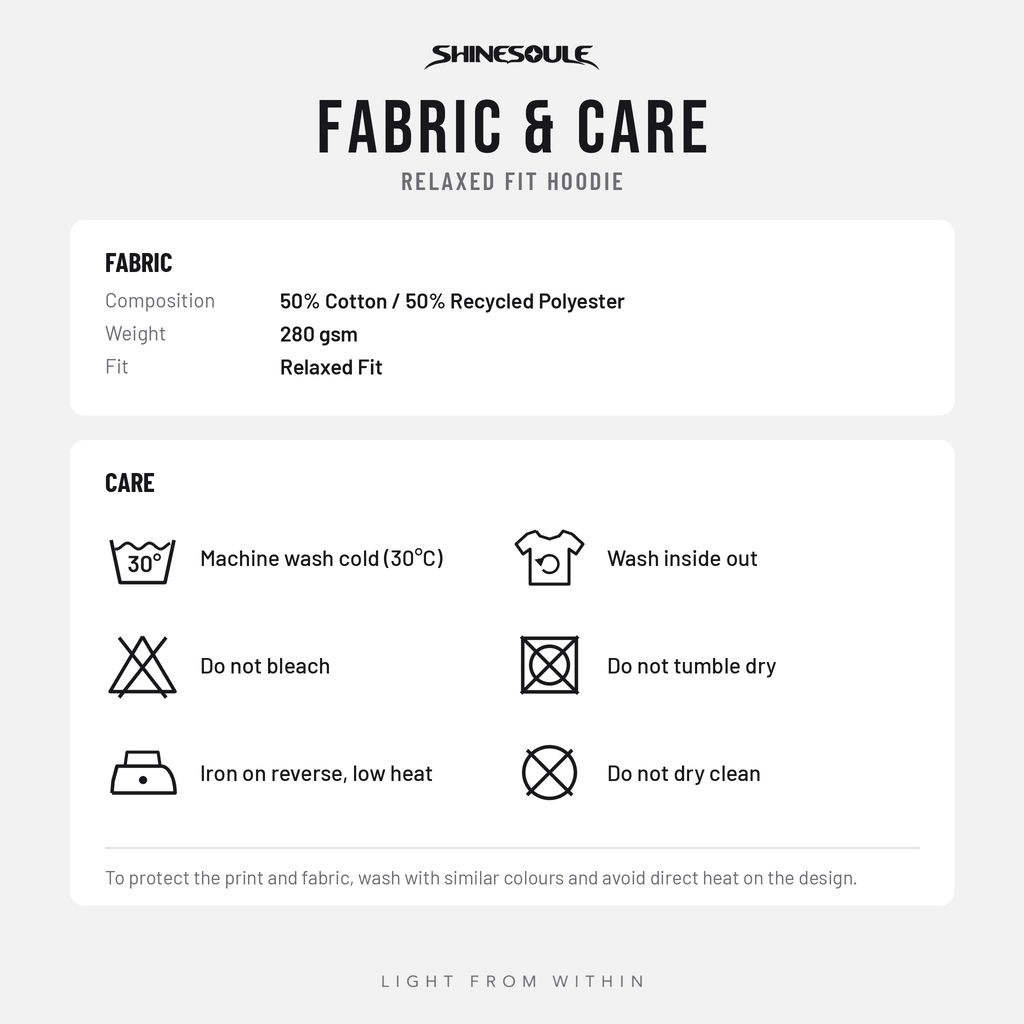 Fabric and care guide for the SHINESOULE oversized hoodie: 280gsm, 50% cotton and 50% recycled polyester, with washing and drying instructions