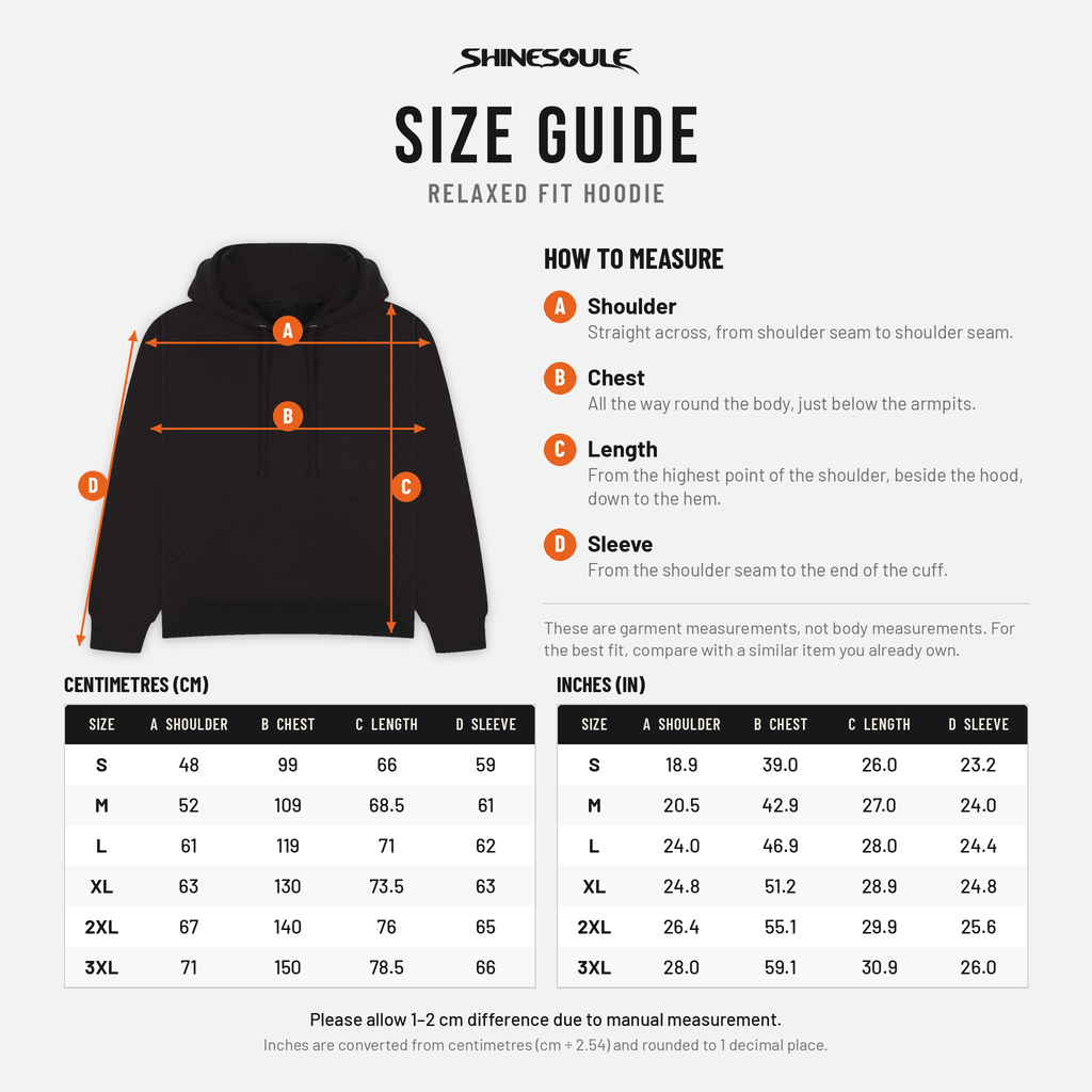 Size chart for the SHINESOULE oversized hoodie, sizes S to 3XL, with measurements in centimetres and inches