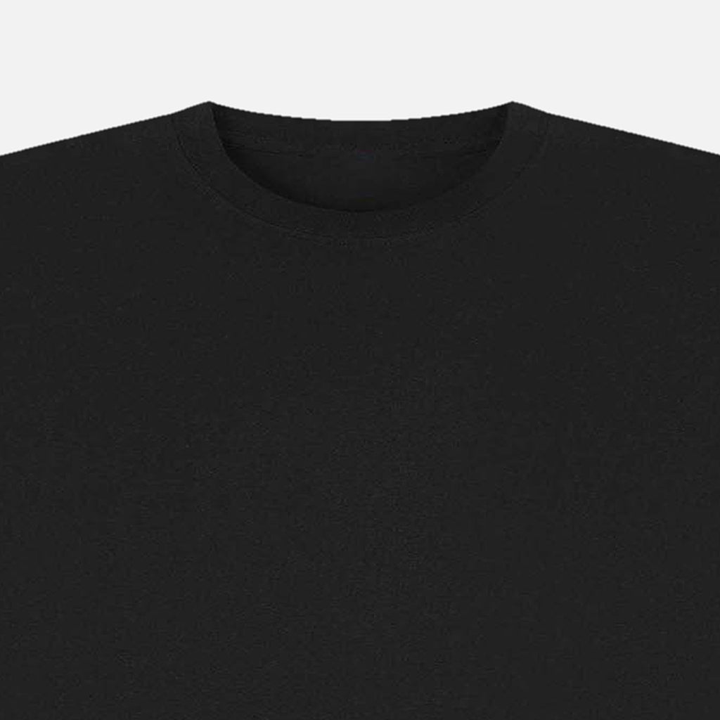 Close-up of the ribbed neckline on the black Solstice Graphic T-Shirt
