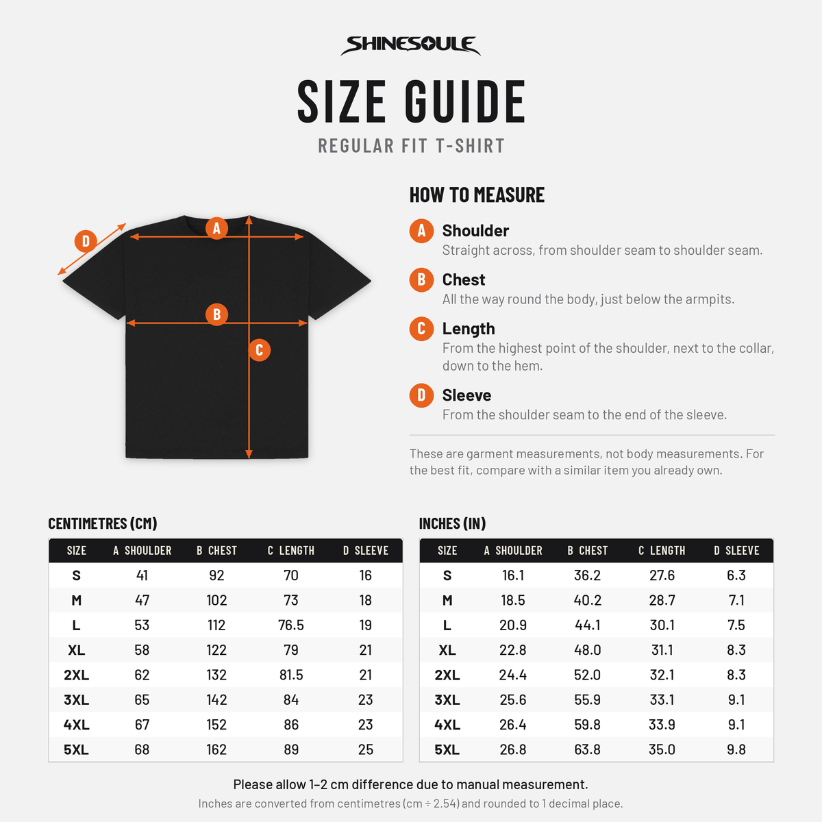 Size chart for the SHINESOULE unisex T-shirt, sizes S to 5XL, with measurements in centimetres and inches
