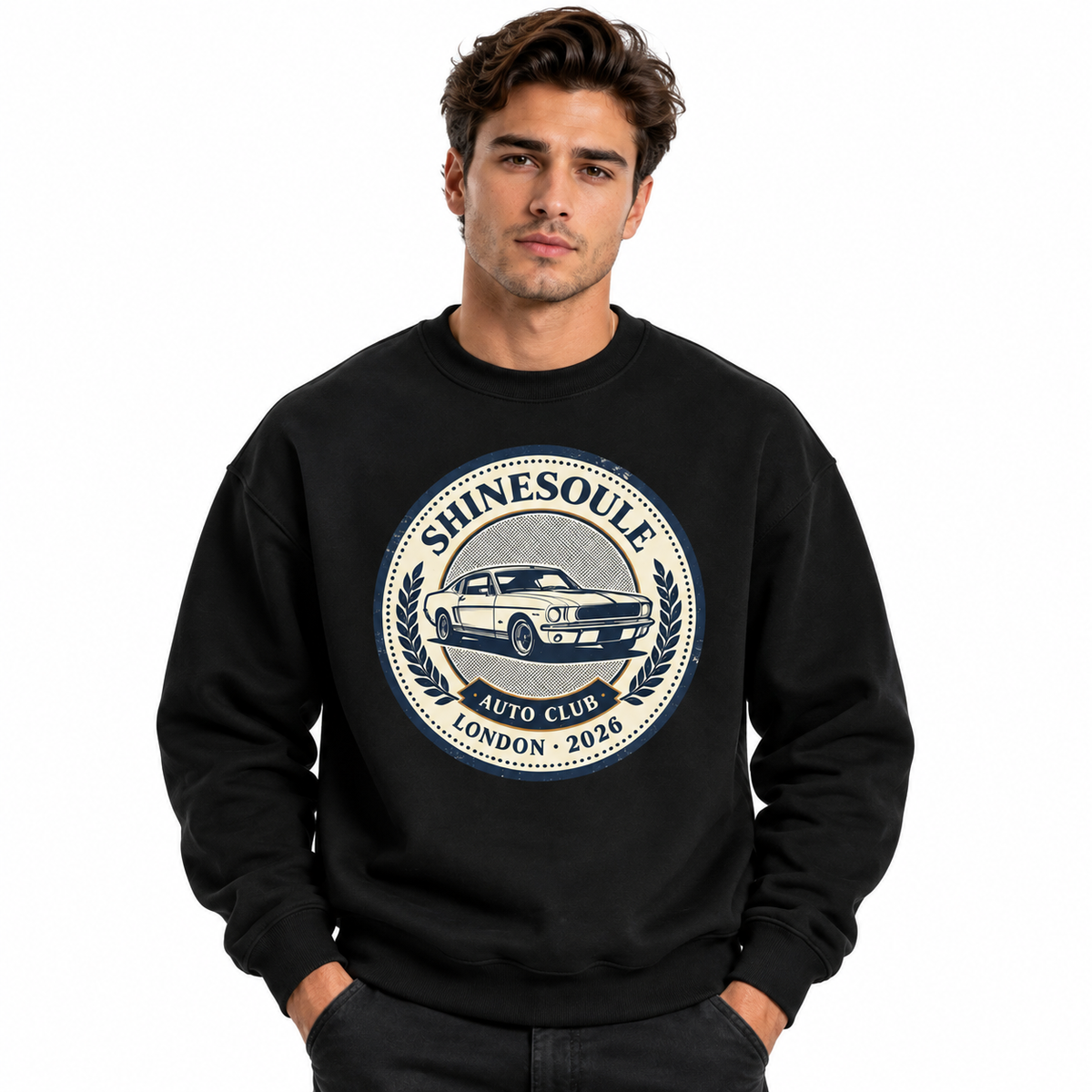 Model in a black Auto Club Sweatshirt with vintage car SHINESOULE Auto Club London 2026 badge front print