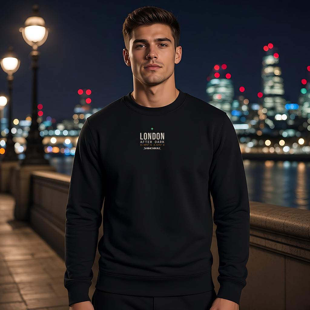 Model wearing the London After Dark crewneck sweatshirt in black, front view