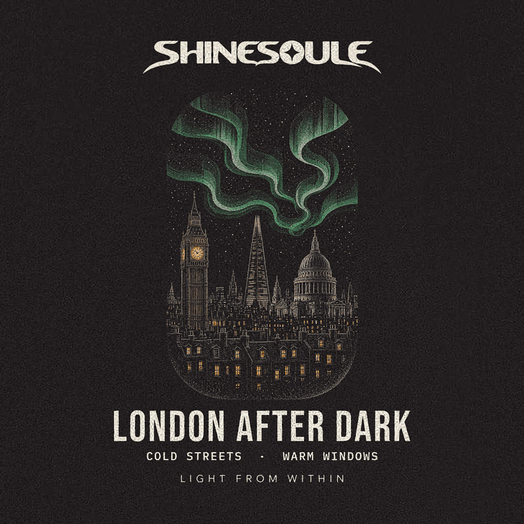 Close-up of the LONDON AFTER DARK print: green northern lights over the London skyline with Big Ben