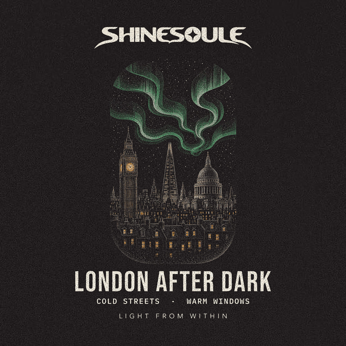 Close-up of the LONDON AFTER DARK print: green northern lights over the London skyline with Big Ben