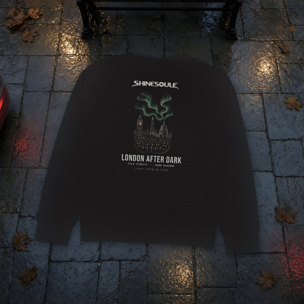 Black London After Dark Graphic Crewneck Sweatshirt laid on wet cobblestones at night