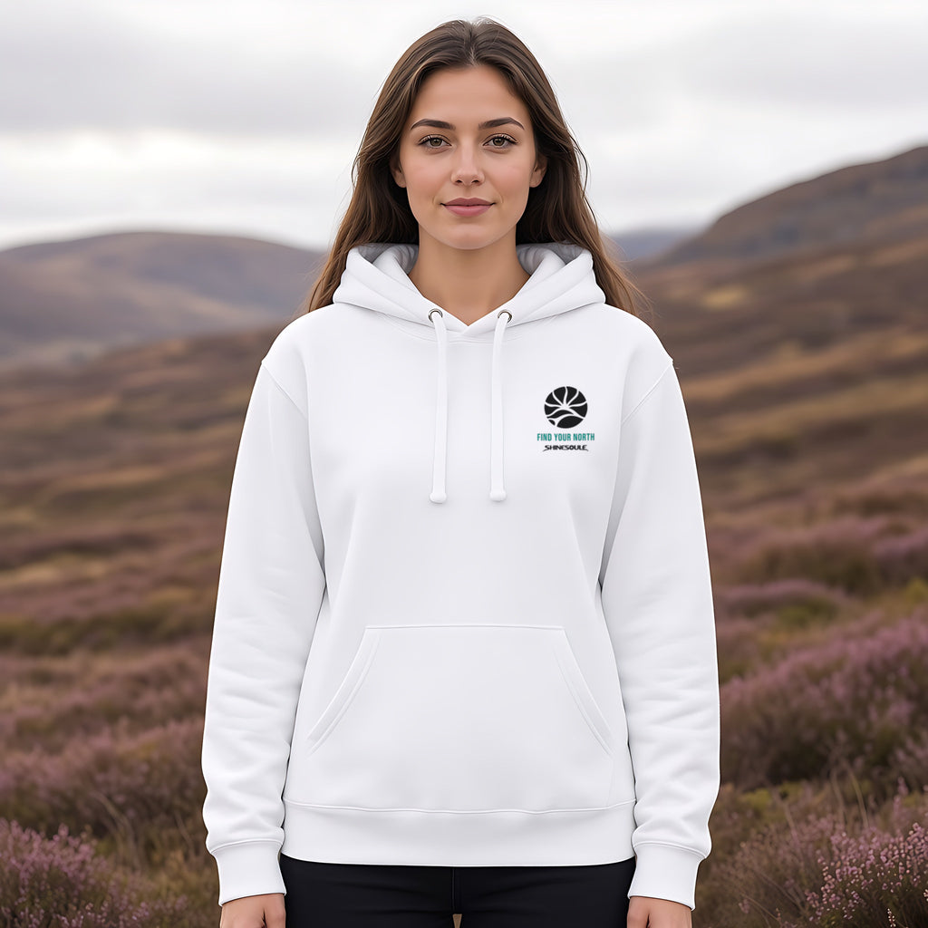 Model wearing the Northern Light hoodie in white, front view
