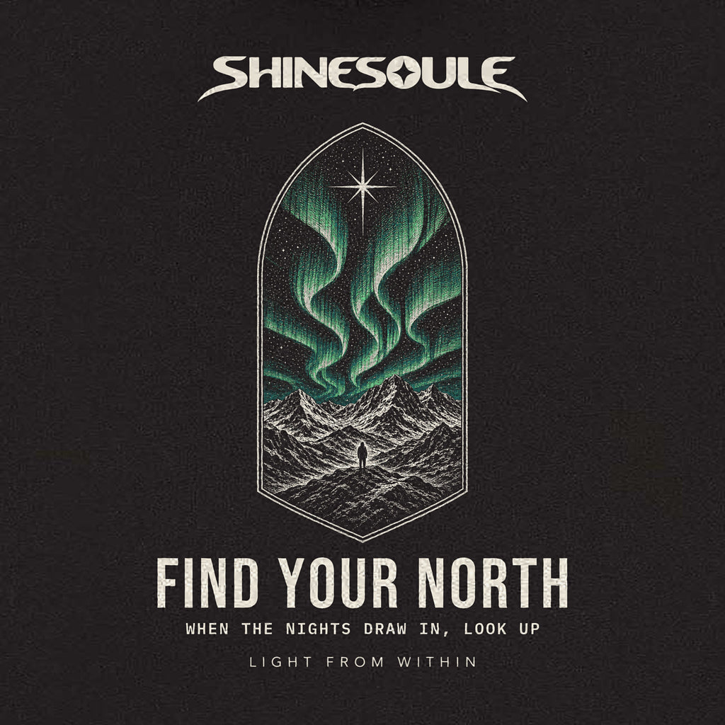 Close-up of the FIND YOUR NORTH back print on the Northern Light Graphic Hoodie: green northern lights over snowy mountains inside an arched frame