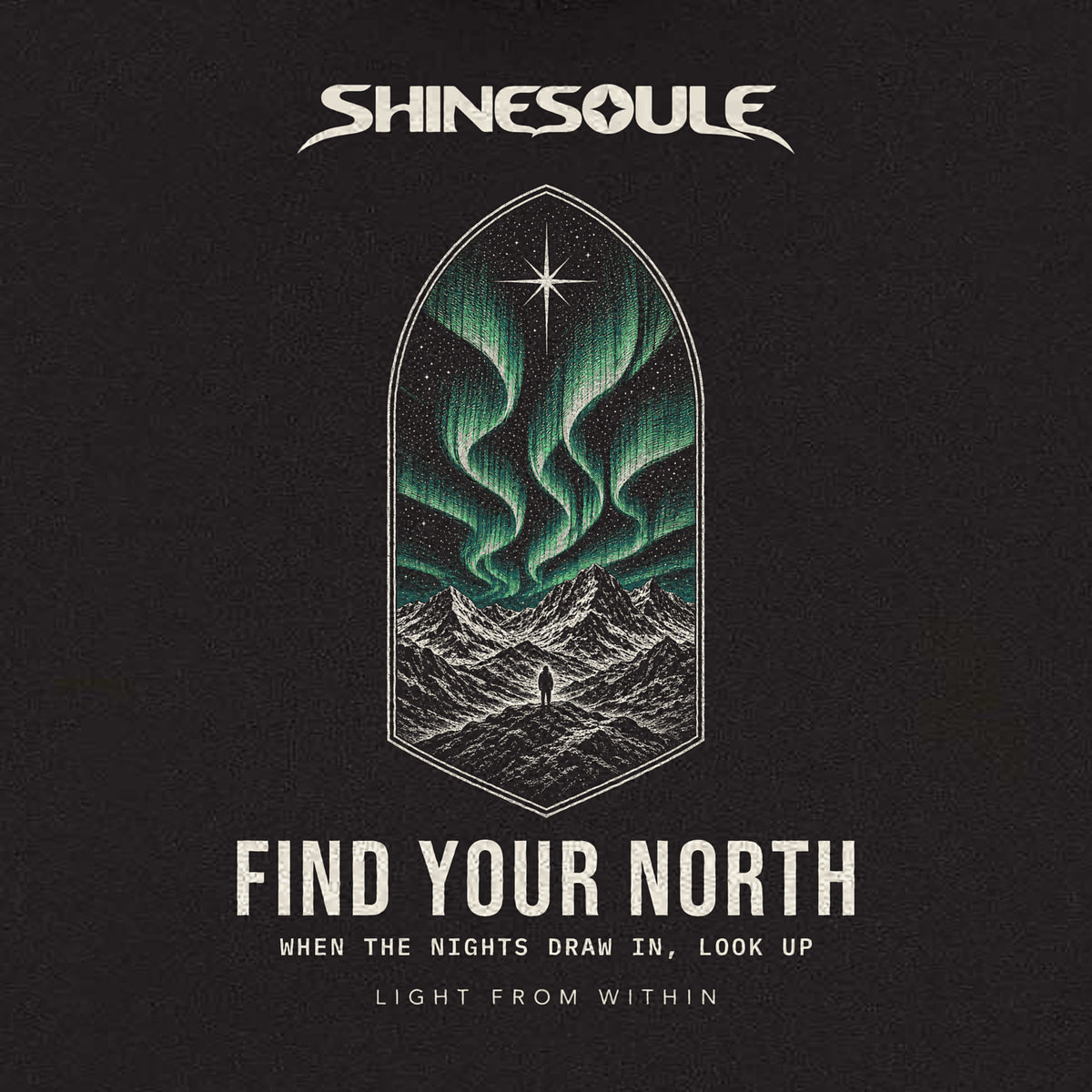 Close-up of the FIND YOUR NORTH back print on the Northern Light Graphic Hoodie: green northern lights over snowy mountains inside an arched frame