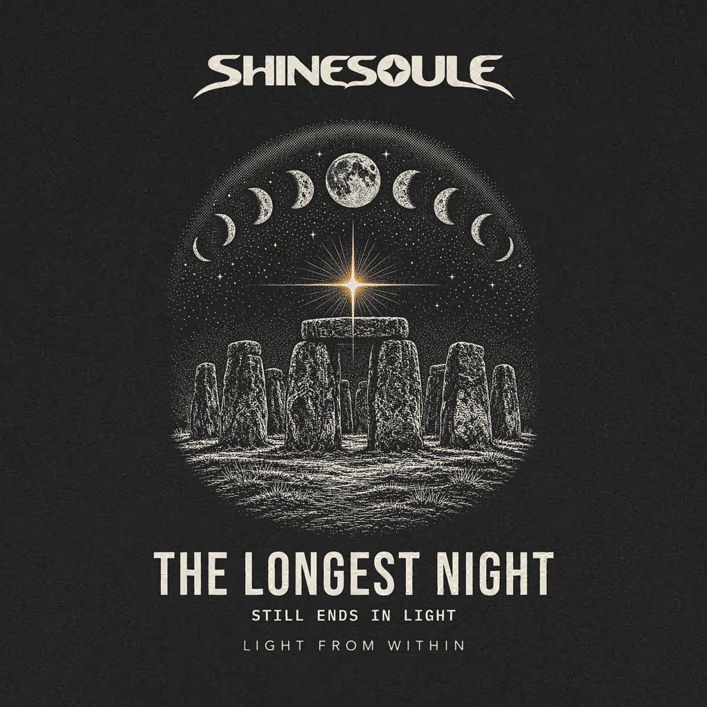 Close-up of THE LONGEST NIGHT print on the Solstice Graphic T-Shirt: moon phases above standing stones