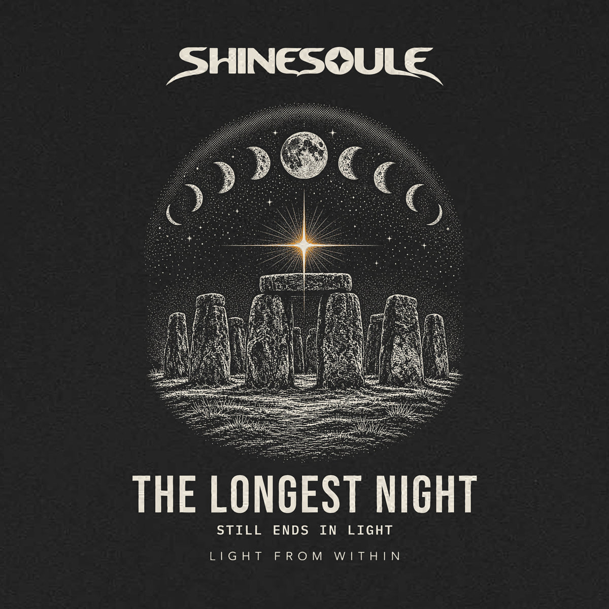 Close-up of THE LONGEST NIGHT print on the Solstice Graphic T-Shirt: moon phases above standing stones