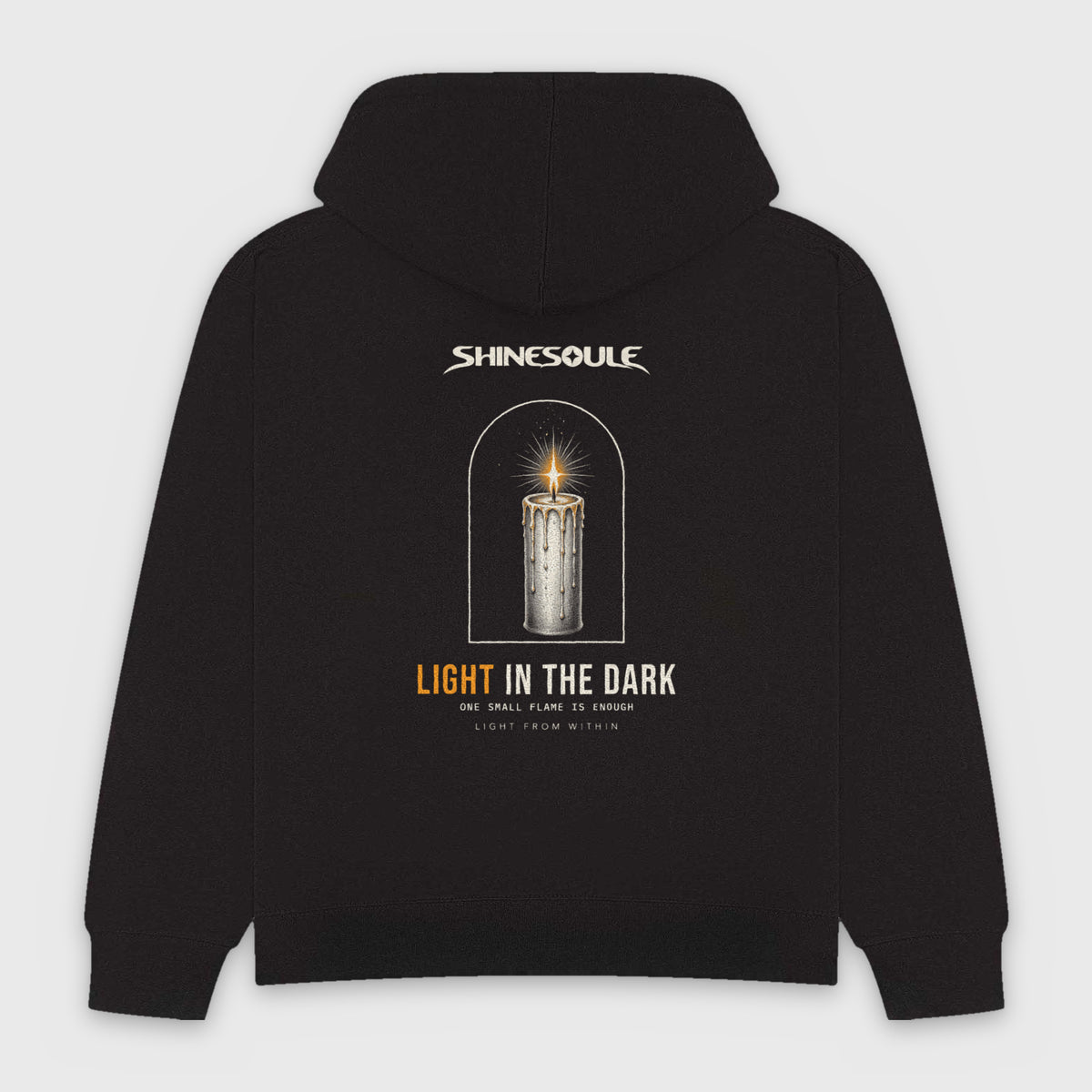 Black Light In The Dark Graphic Hoodie back view with candle-in-the-arch LIGHT IN THE DARK back print