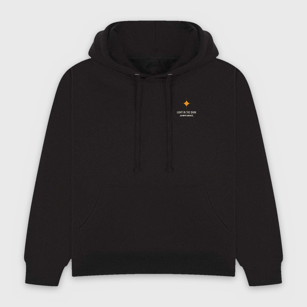 Black Light In The Dark Graphic Hoodie front view with small LIGHT IN THE DARK left-chest print