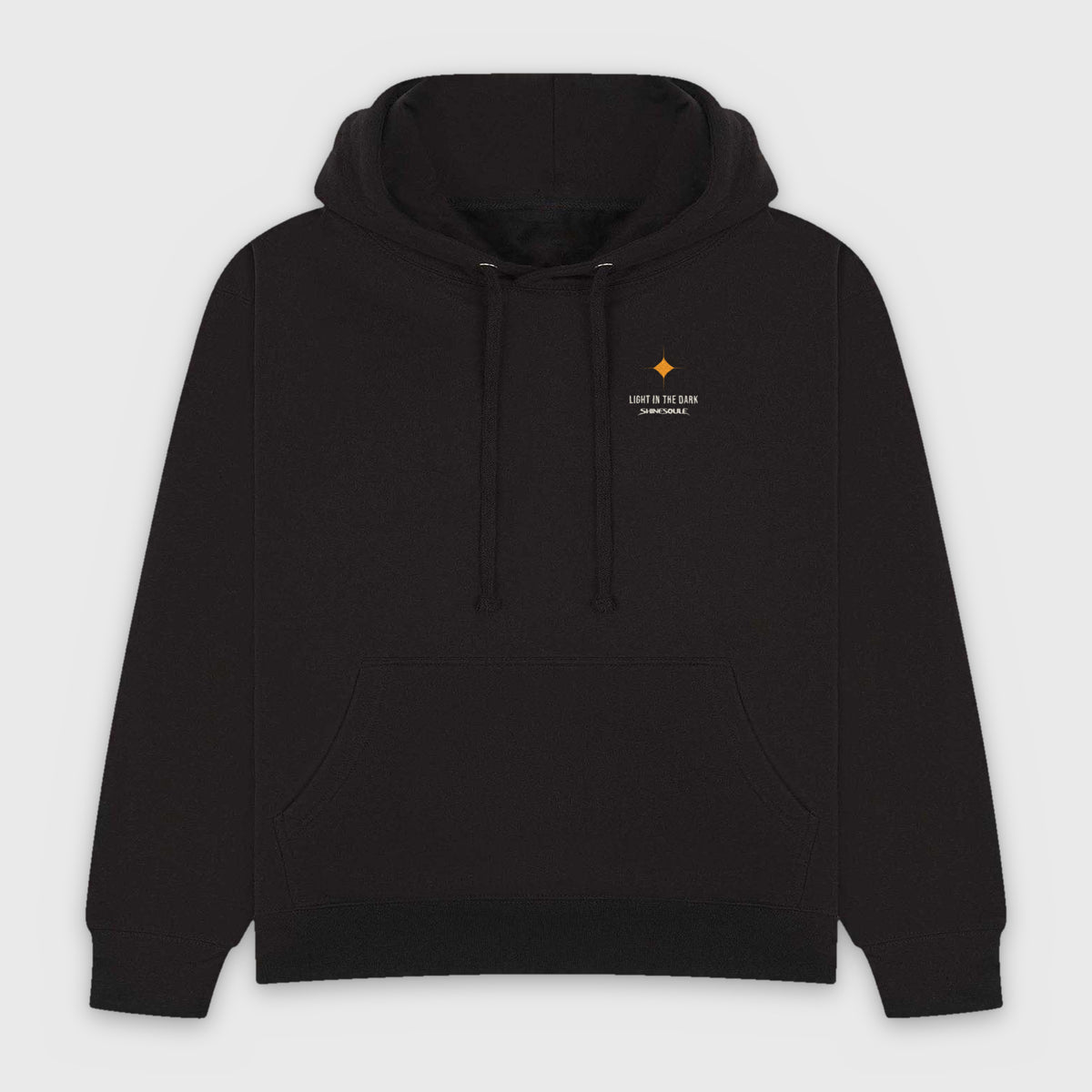 Black Light In The Dark Graphic Hoodie front view with small LIGHT IN THE DARK left-chest print