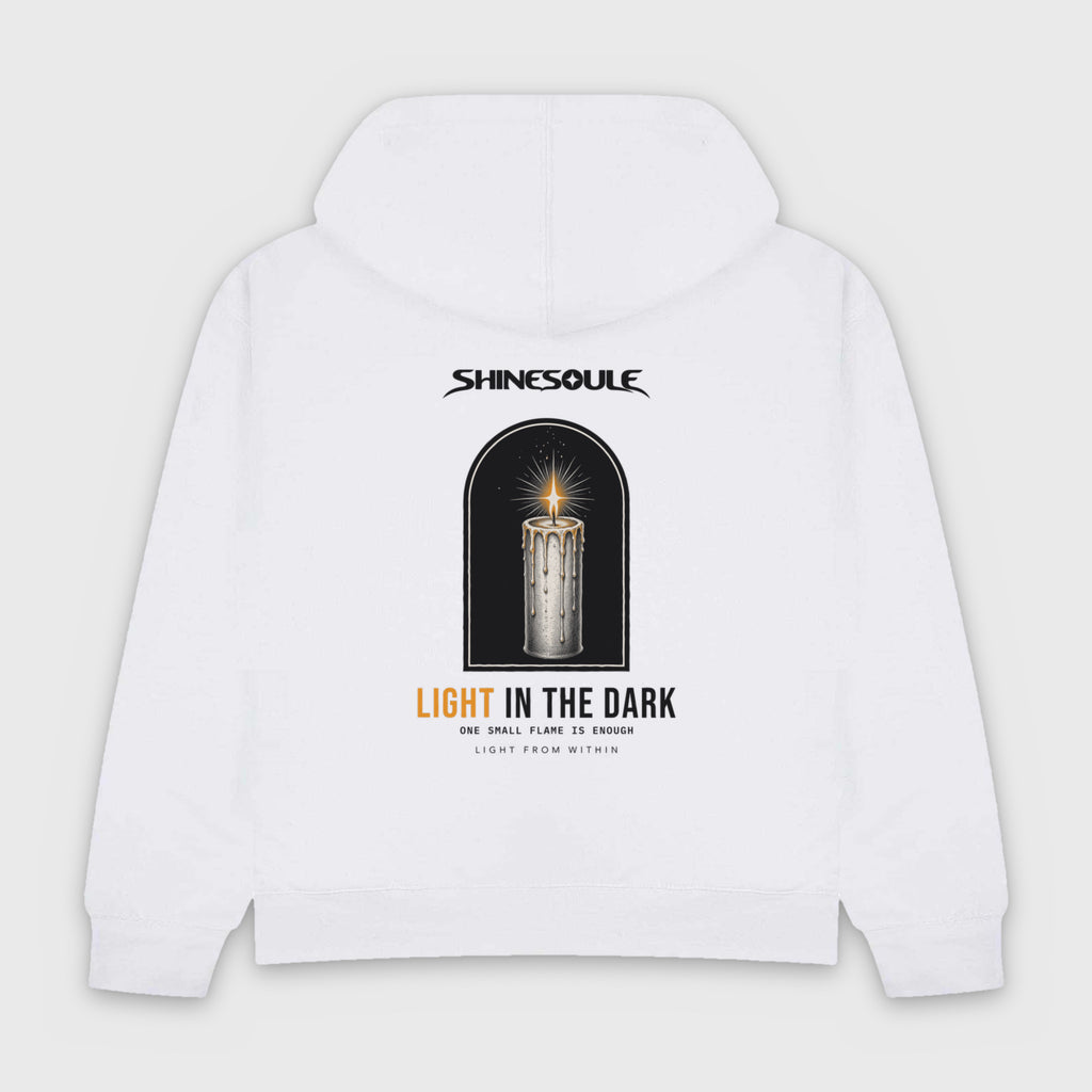 White Light In The Dark Graphic Hoodie back view with candle-in-the-arch LIGHT IN THE DARK back print