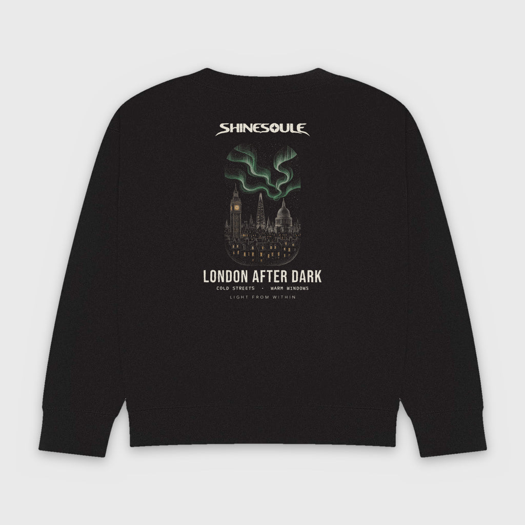 Black London After Dark Graphic Crewneck Sweatshirt back view with London skyline aurora back print