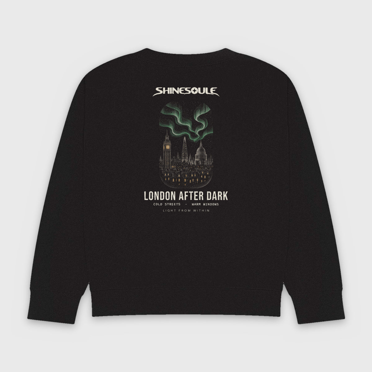 Black London After Dark Graphic Crewneck Sweatshirt back view with London skyline aurora back print