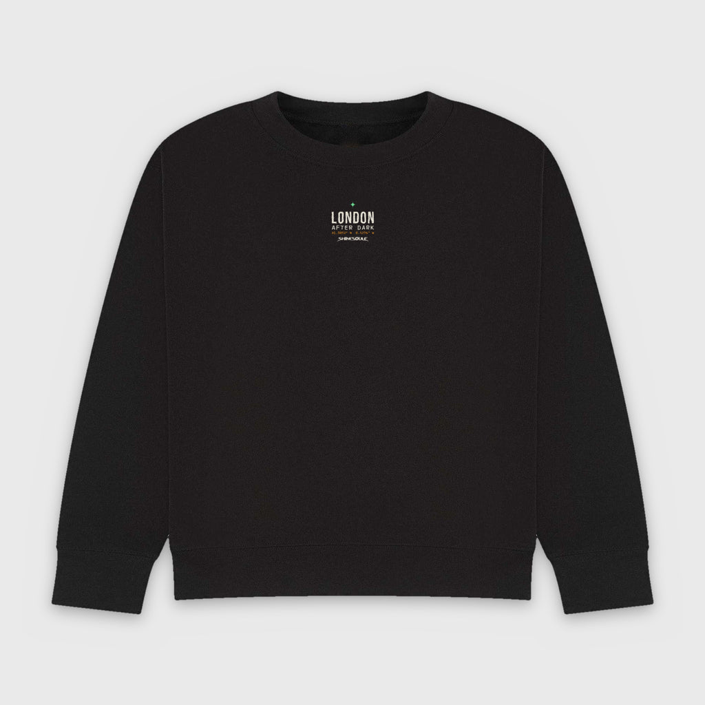Black London After Dark Graphic Crewneck Sweatshirt front view with LONDON AFTER DARK centre-chest print
