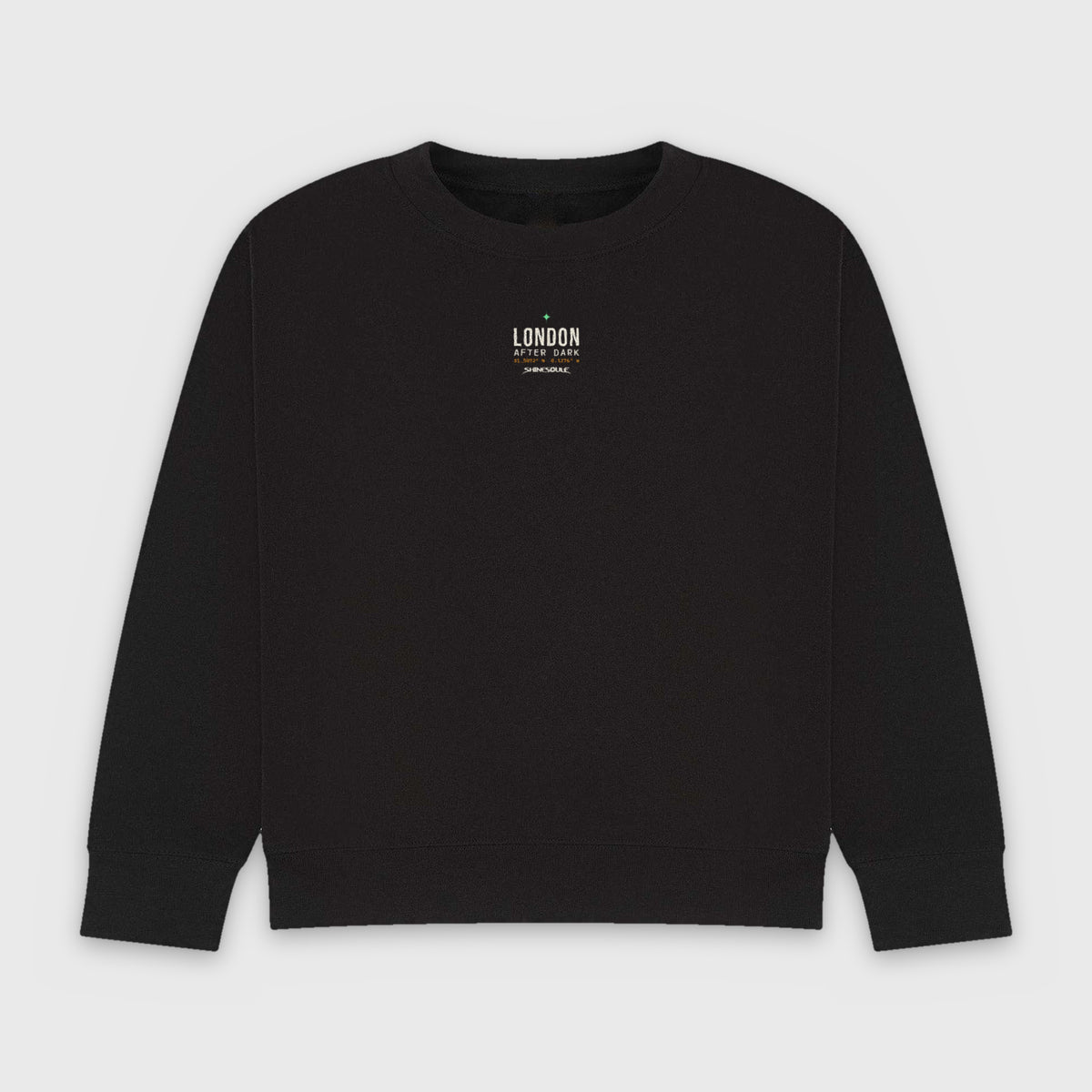 Black London After Dark Graphic Crewneck Sweatshirt front view with LONDON AFTER DARK centre-chest print