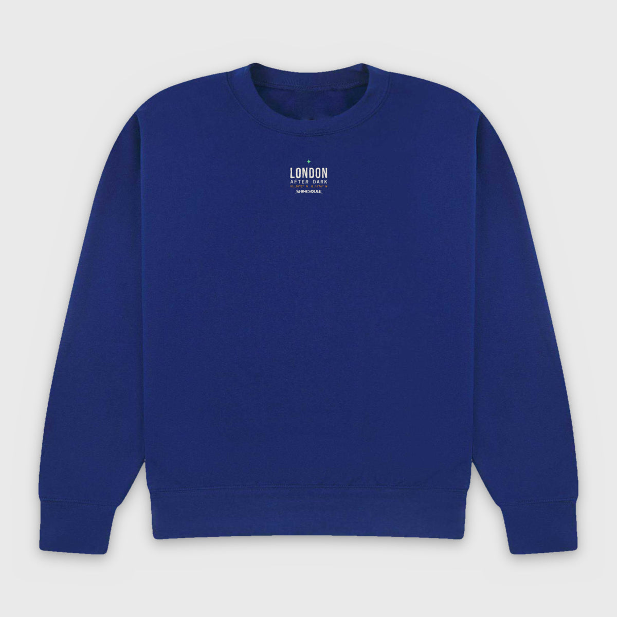 Cobalt Blue London After Dark Graphic Crewneck Sweatshirt front view with LONDON AFTER DARK centre-chest print
