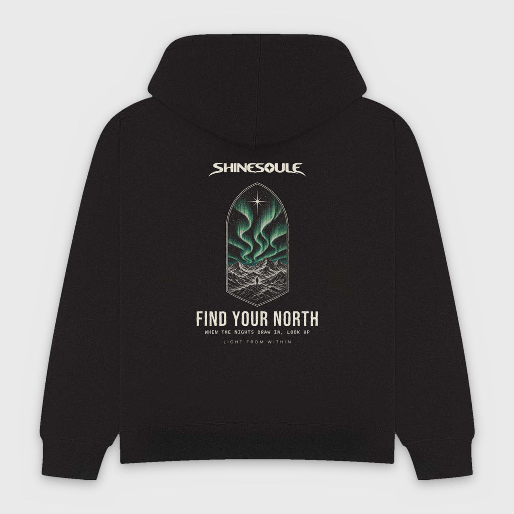 Black Northern Light Graphic Hoodie back view with Scottish Highlands aurora and FIND YOUR NORTH back print