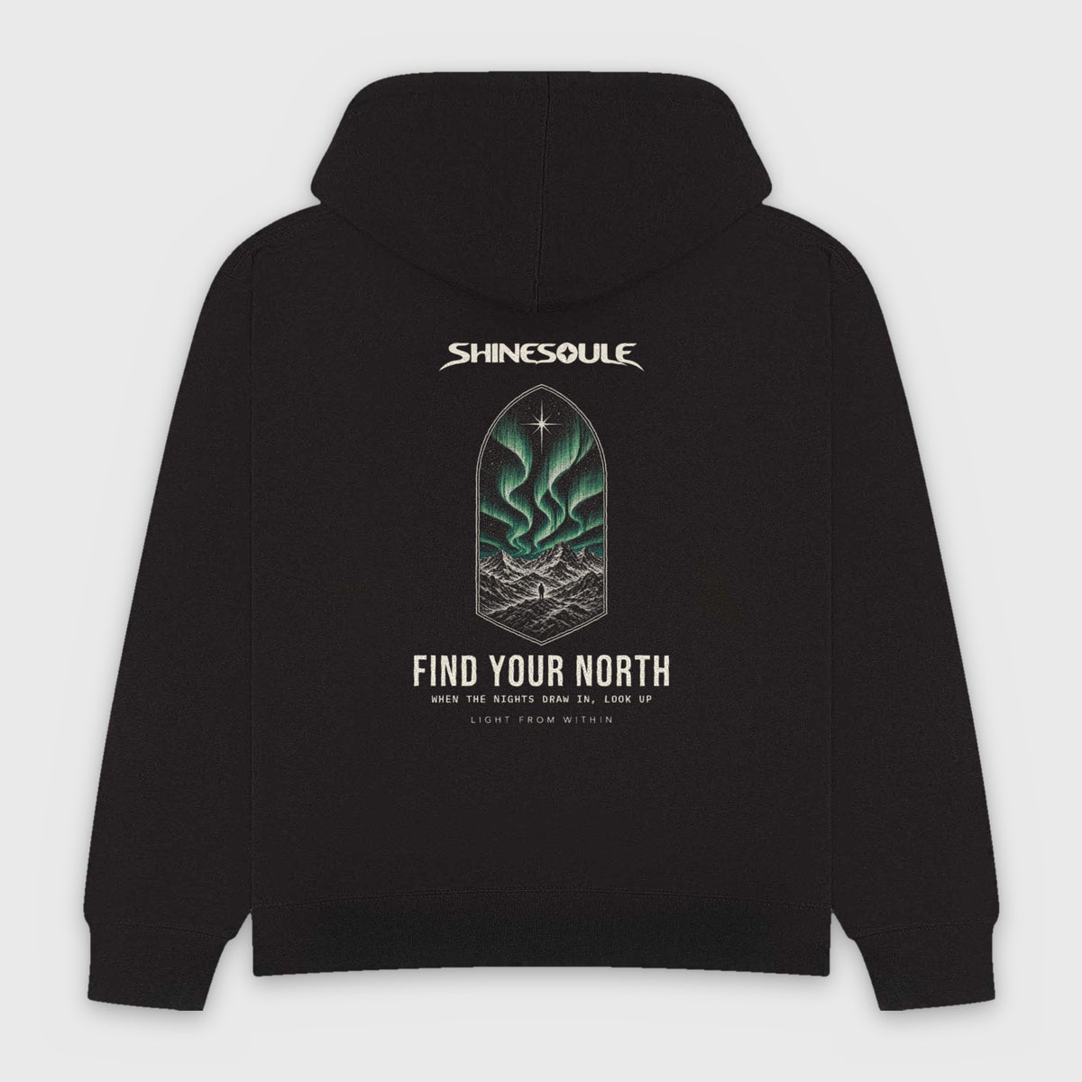 Black Northern Light Graphic Hoodie back view with Scottish Highlands aurora and FIND YOUR NORTH back print