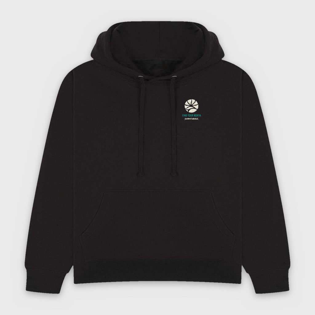 Black Northern Light Graphic Hoodie front view with small FIND YOUR NORTH left-chest print