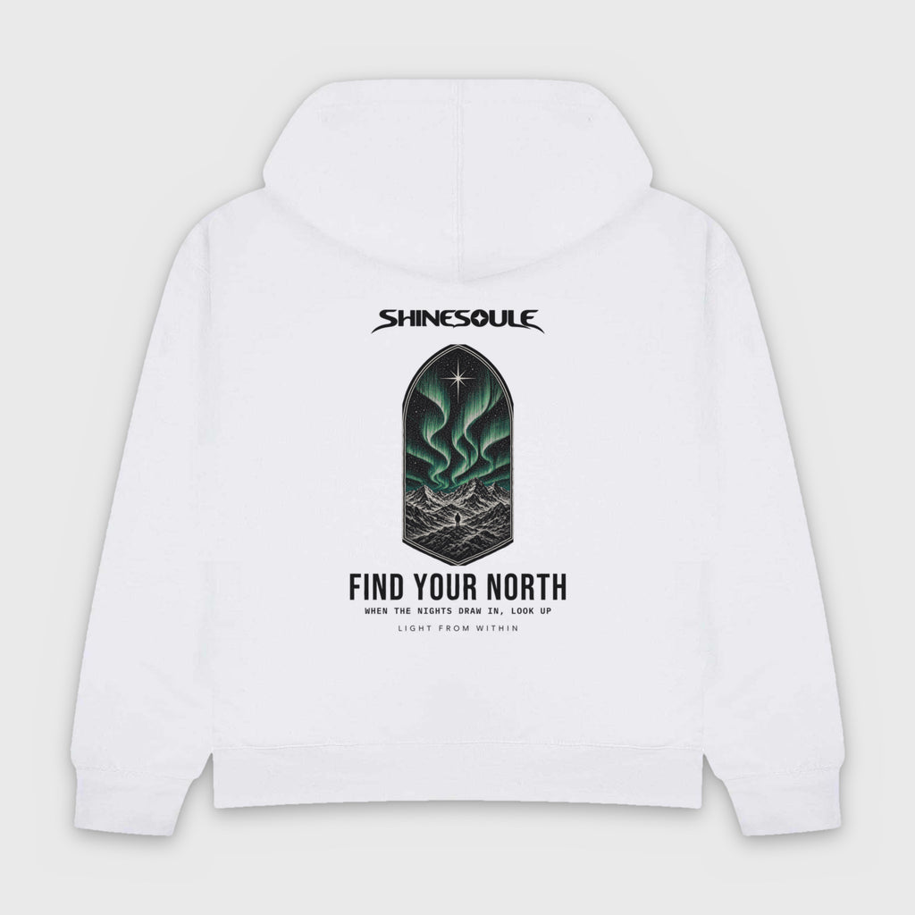 White Northern Light Graphic Hoodie back view with Scottish Highlands aurora and FIND YOUR NORTH back print