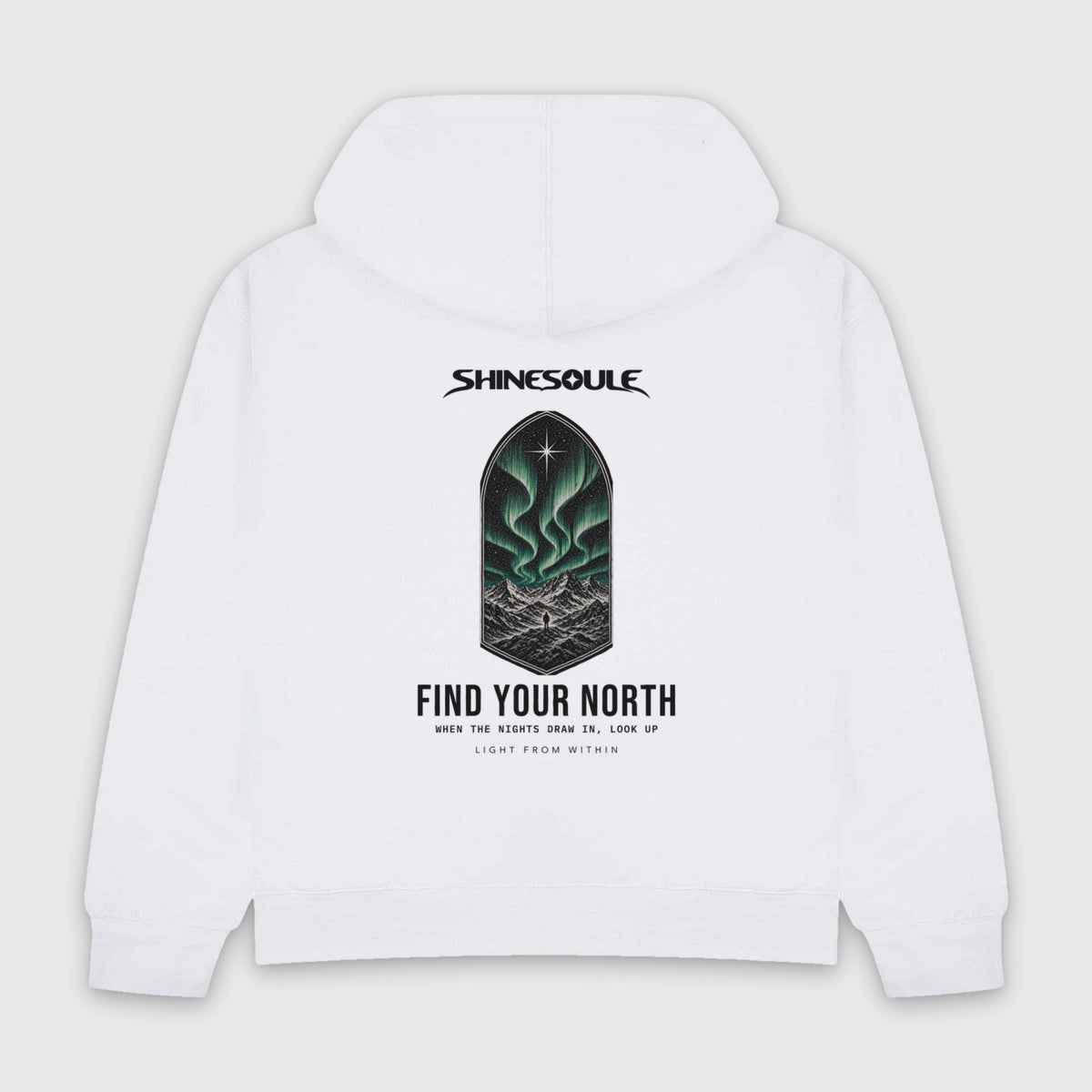 White Northern Light Graphic Hoodie back view with Scottish Highlands aurora and FIND YOUR NORTH back print