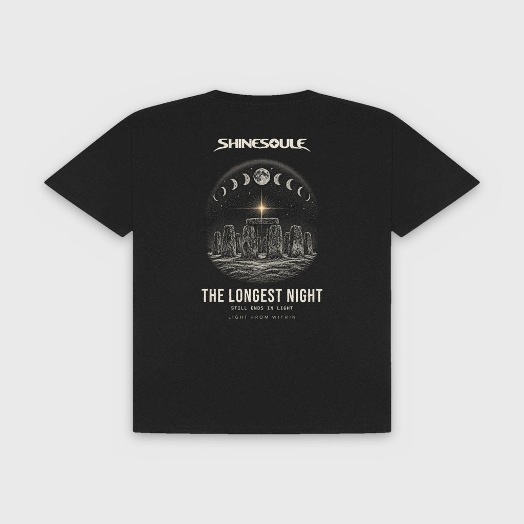 Black Solstice Graphic T-Shirt back view with Stonehenge solstice sunrise back print