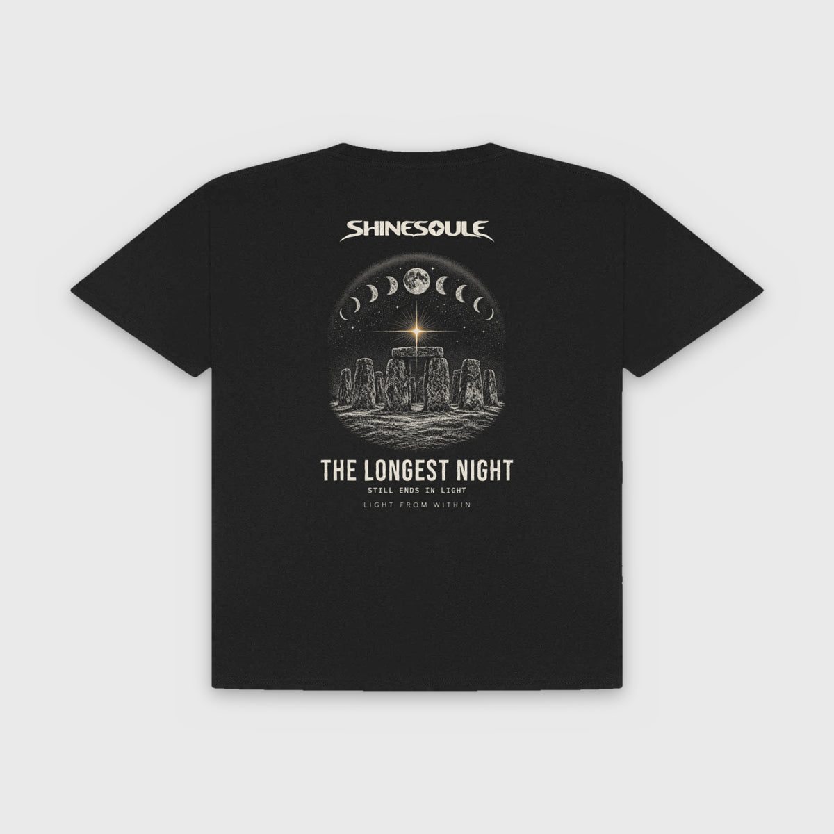 Black Solstice Graphic T-Shirt back view with Stonehenge solstice sunrise back print