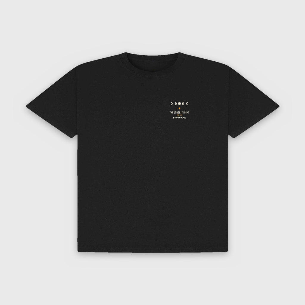 Black Solstice Graphic T-Shirt front view with small THE LONGEST NIGHT left-chest print