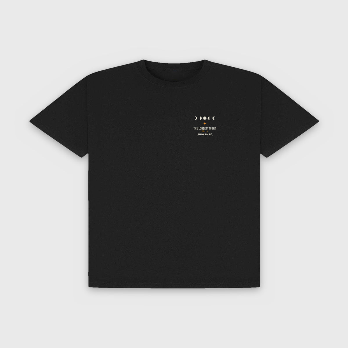 Black Solstice Graphic T-Shirt front view with small THE LONGEST NIGHT left-chest print