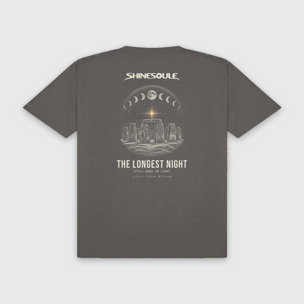 Charcoal Solstice Graphic T-Shirt back view with Stonehenge solstice sunrise back print