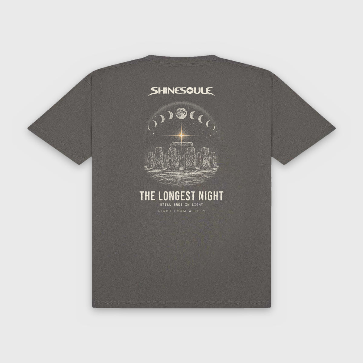 Charcoal Solstice Graphic T-Shirt back view with Stonehenge solstice sunrise back print
