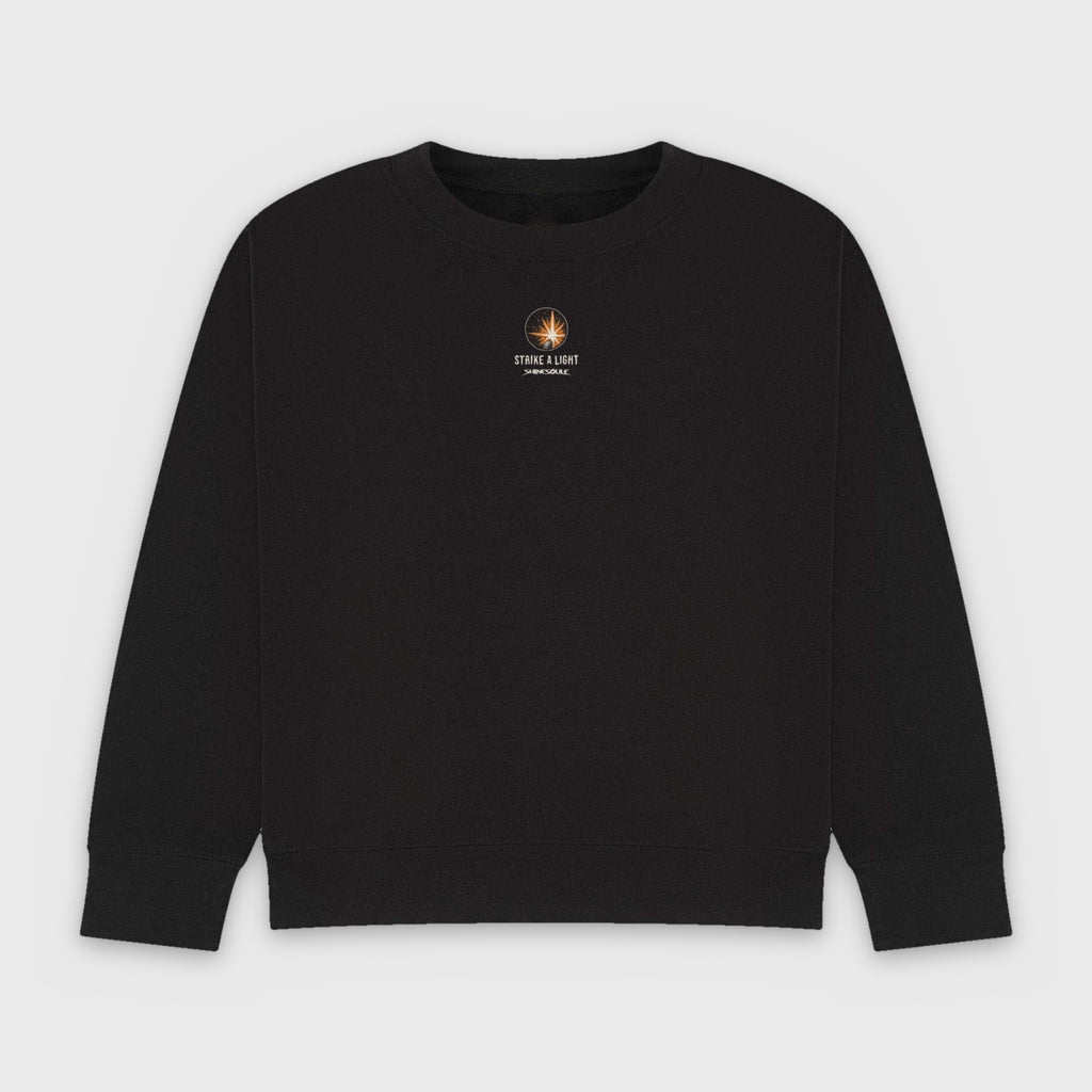 Black Strike A Light Graphic Crewneck Sweatshirt front view with STRIKE A LIGHT centre-chest print