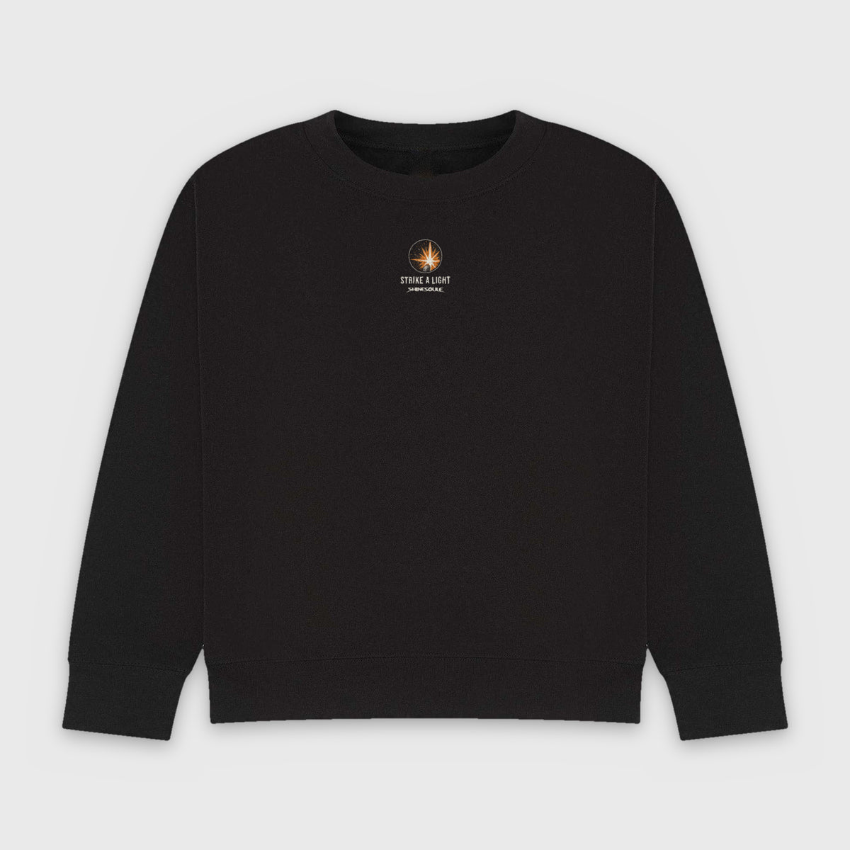 Black Strike A Light Graphic Crewneck Sweatshirt front view with STRIKE A LIGHT centre-chest print