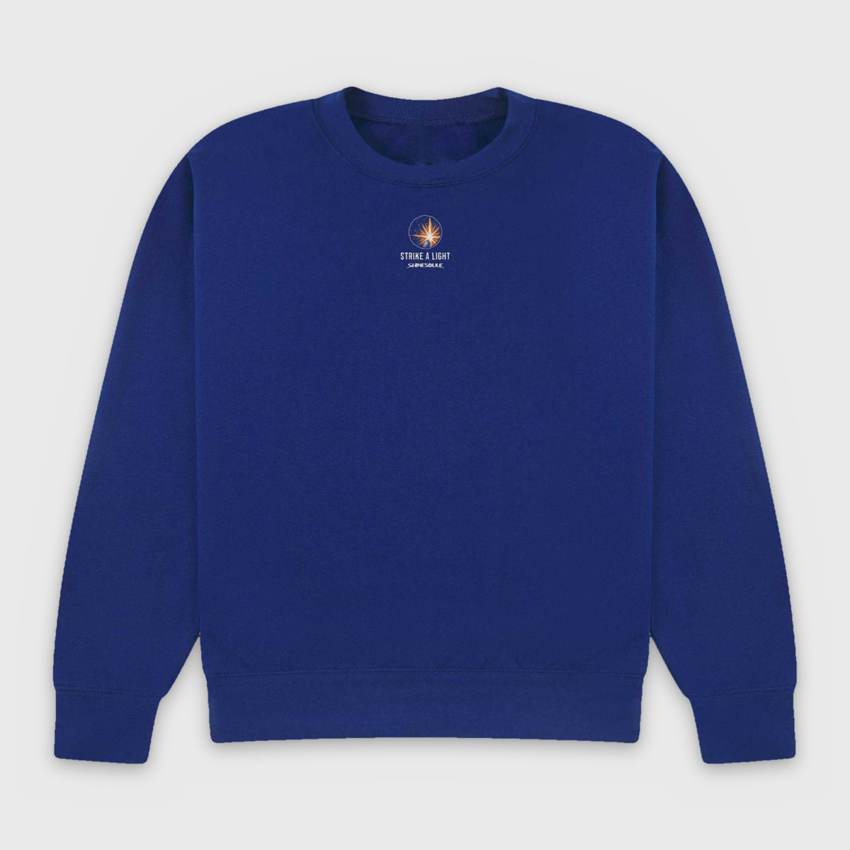 Cobalt Blue Strike A Light Graphic Crewneck Sweatshirt front view with STRIKE A LIGHT centre-chest print